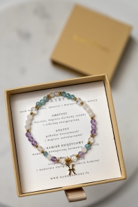 RYBY - bransoletka znaku zodiaku na gumce - apatyt, kamień księżycowy, ametyst, kryształ górski