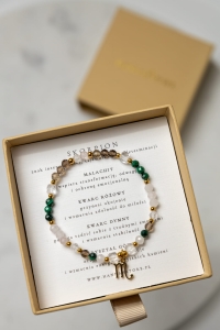 SKORPION - bransoletka znaku zodiaku na gumce - malachit, kwarc różowy, kwarc dymny, kryształ górski