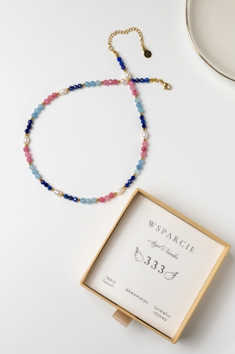 Naszyjnik Liczby Anielskie WSPARCIE - lapis lazuli, akwamaryn, turmalin różowy