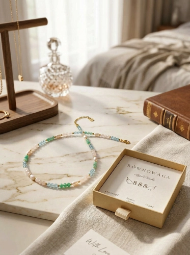 Naszyjnik Liczby Anielskie RÓWNOWAGA - szmaragd, kwarc różowy, topaz