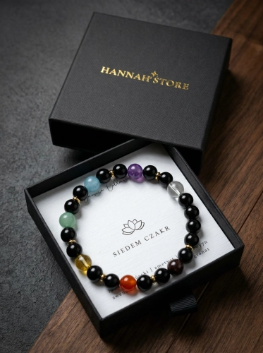 Bransoletka męska SIEDEM CZAKR na gumce - granat, karneol, cytryn, awanturyn, akwamaryn, ametyst, kryształ górski