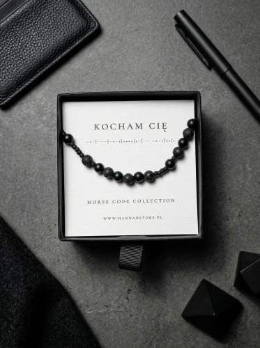 Bransoletka męska KOCHAM CIĘ  kodowana Alfabetem Morse'a z onyksu i lawy wulkanicznej