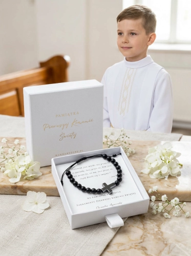 Bransoletka chłopięca COMMUNION CROSS - czarny onyks i hematyt