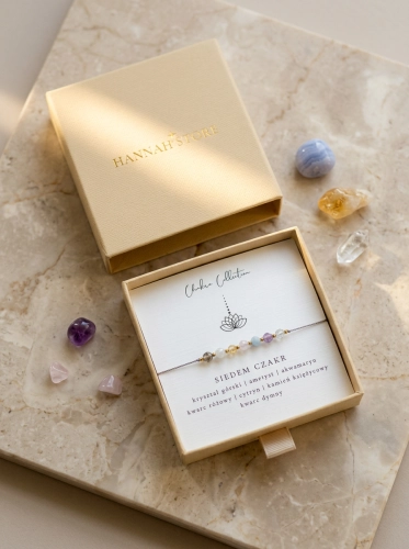 Bransoletka SIEDEM CZAKR - kwarc dymny, kamień księżycowy, cytryn, kwarc różowy, akwamaryn, ametyst, kryształ górski