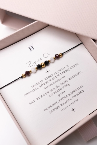 Bransoletka ŻYCZĘ CI z kamieniem księżycowym, granatem i turmalinem