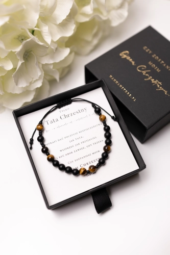 Bransoletka męska Tata Chrzestny  kodowana Alfabetem Morse'a - onyks, tygrysie oko