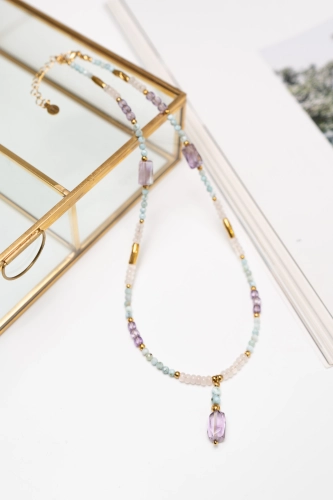 Unikat 113 - Talizman Spokojne serce - ametyst, larimar, kwarc różowy