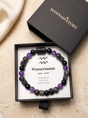 Pulsera elástica ACUARIO para hombre – lava, ónix, larvikita, amatista (1)